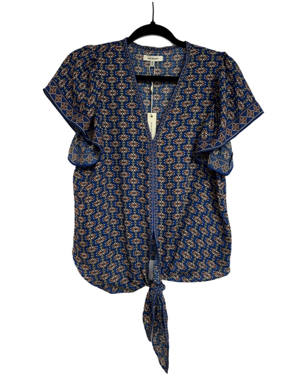 Max Studio Navy Floral Tie-Front Flutter Sleeve Blouse Womens M